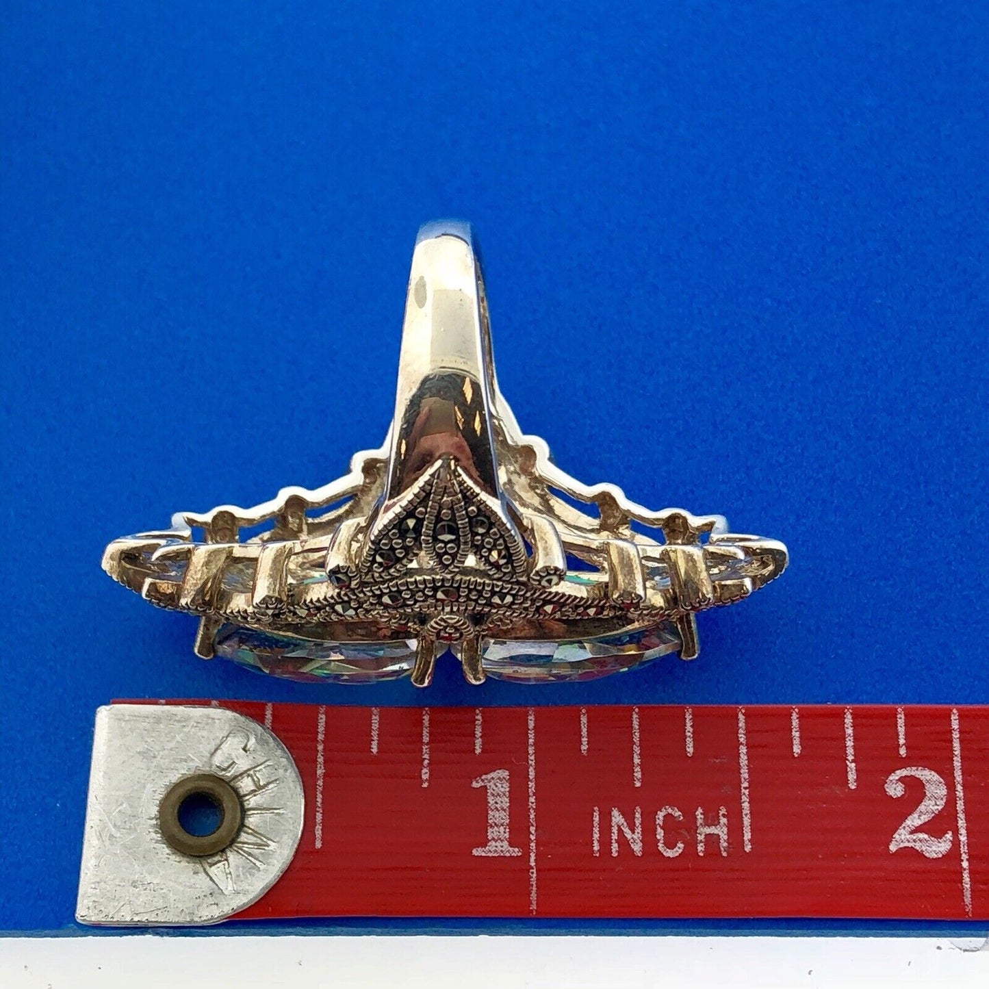 Designer BBJ Sterling Silver 925 Mystic Topaz Marcasite Statement Finger Ring