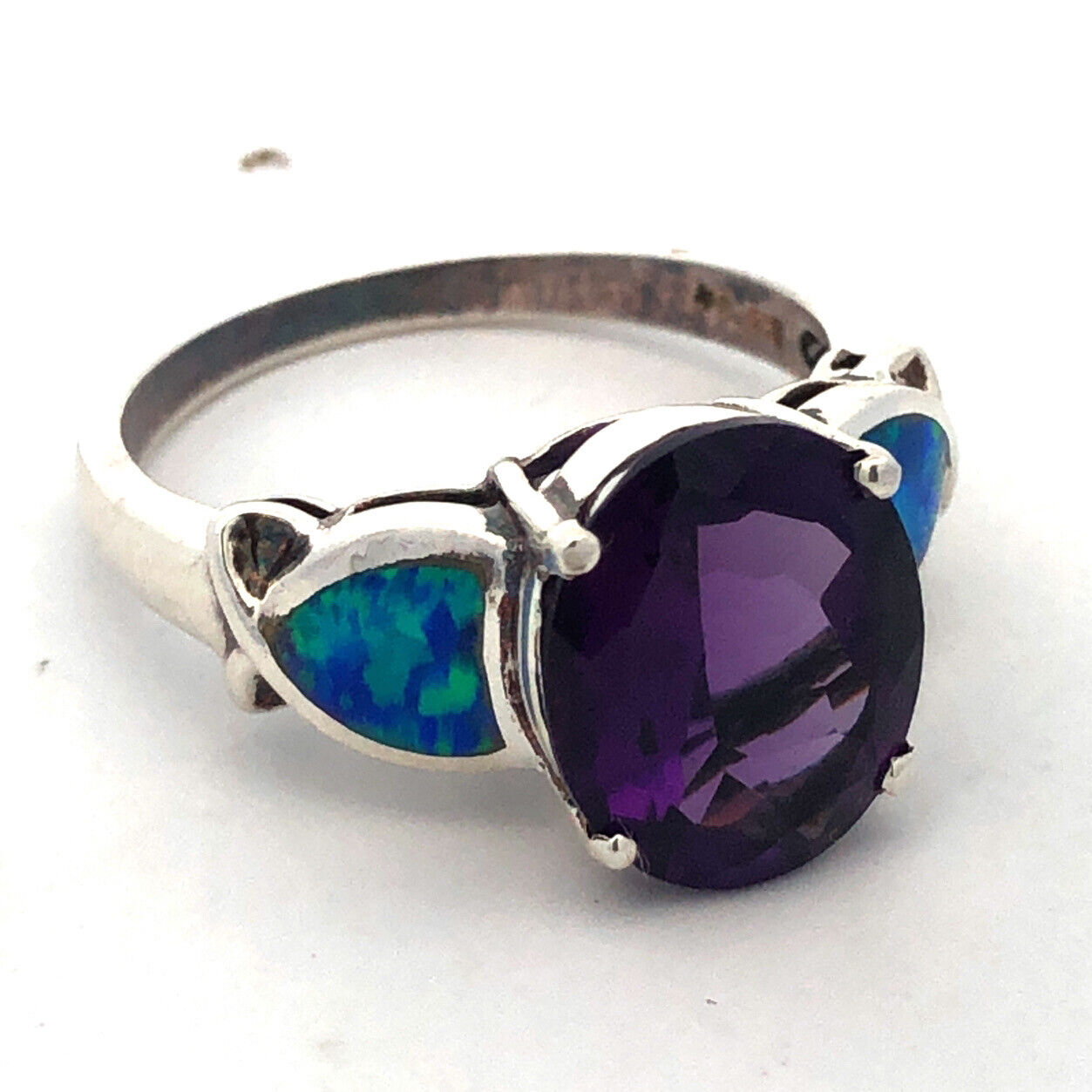 Designer 925 Sterling Silver Oval Amethyst Opal Doublet Accented Statement Ring