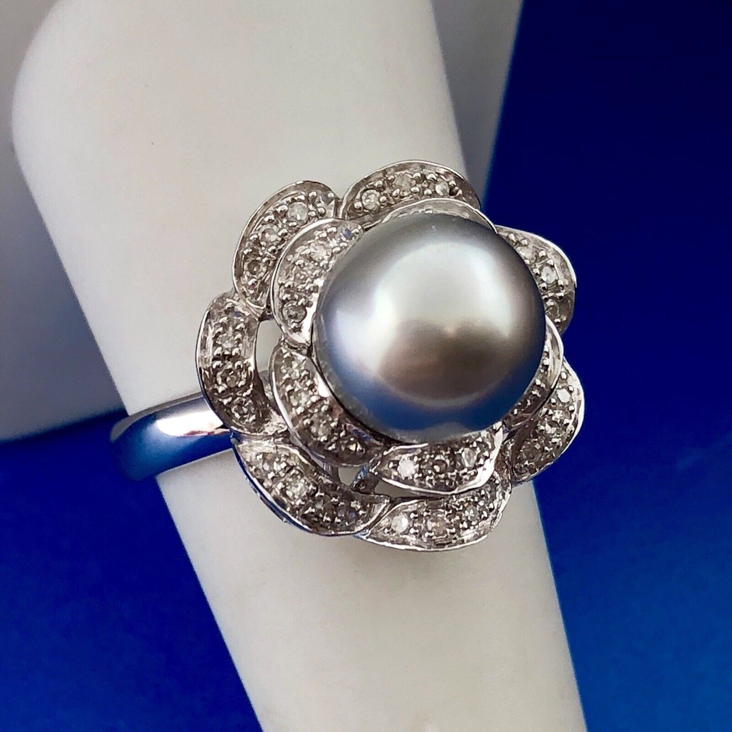 Designer 14K White Gold Tahitian Pearl Diamond Statement Cocktail Ring