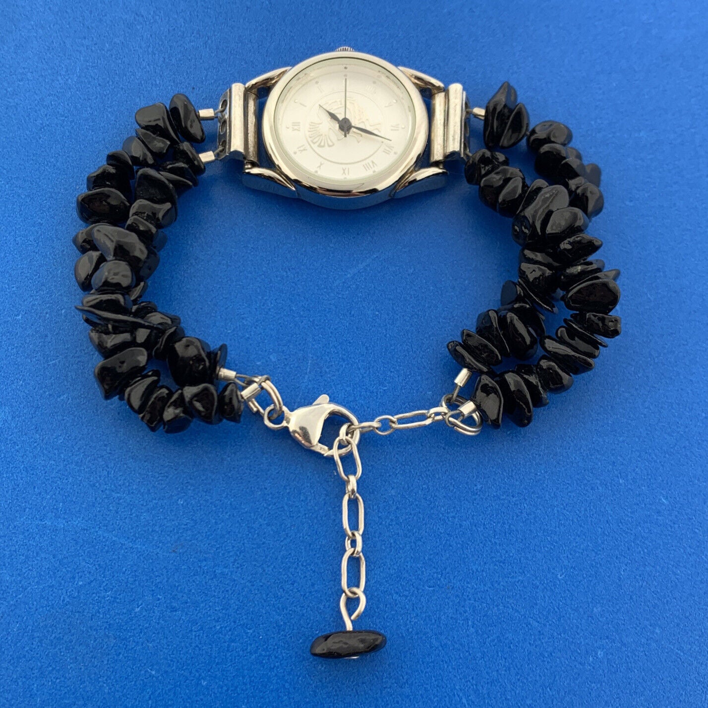 Kokopelli Dancing Flute Player 8" Black Shard Stainless Steel Wristwatch Running