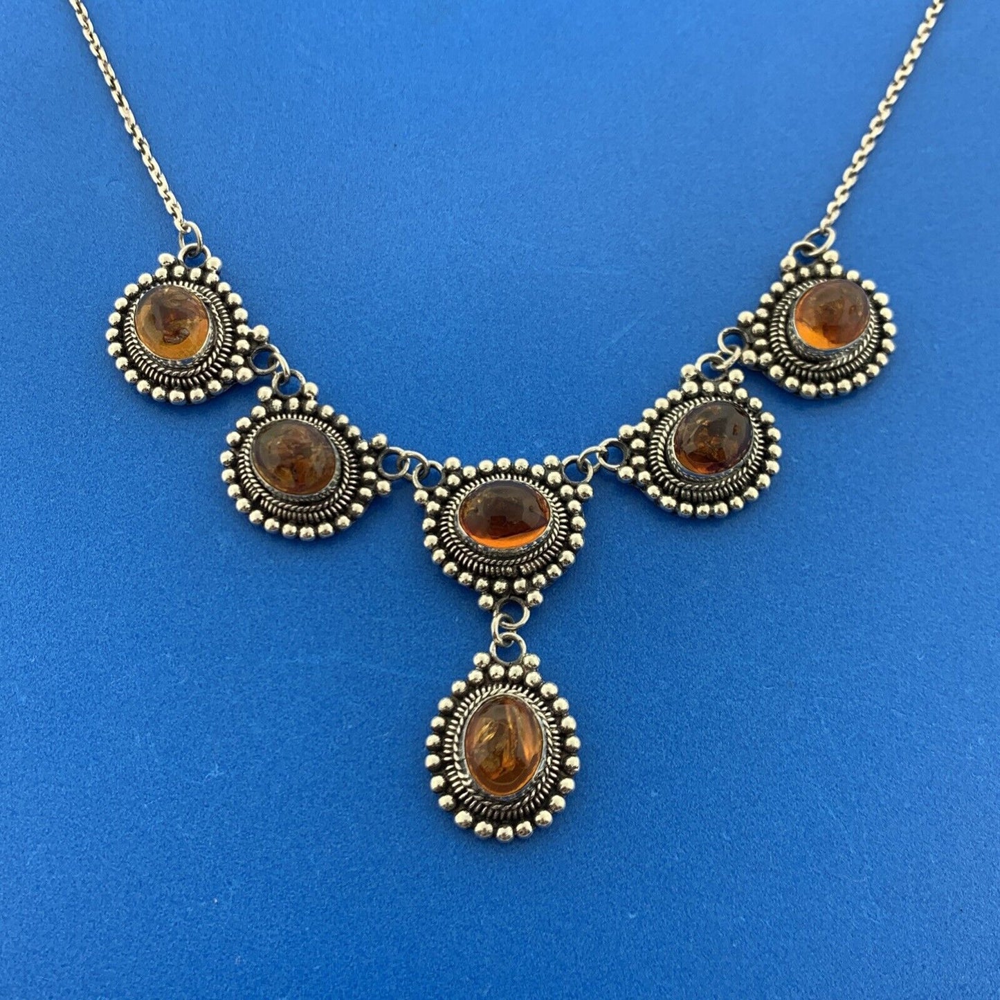 Vintage 925 Sterling Silver Oval Amber Cabochon Bead Work Drop Necklace