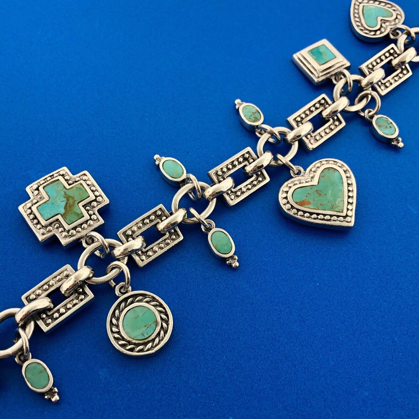 Lovely Sterling Silver 925 Multi-Shaped Turquoise Inlay Charm 7" Toggle Bracelet