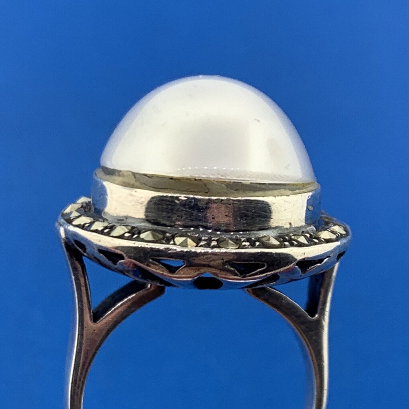Designer 925 Sterling Silver Mabe Pearl Marcasite Halo Statement Cocktail Ring