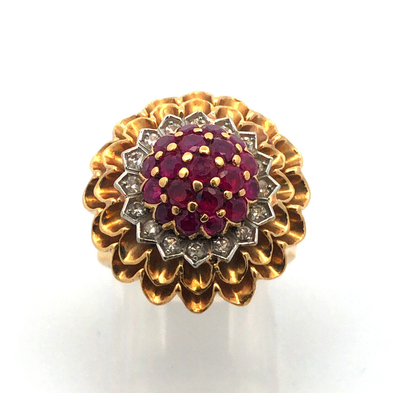Vintage Artisan 18 Yellow Gold Ruby Diamond Cluster Dome Statement Cocktail Ring