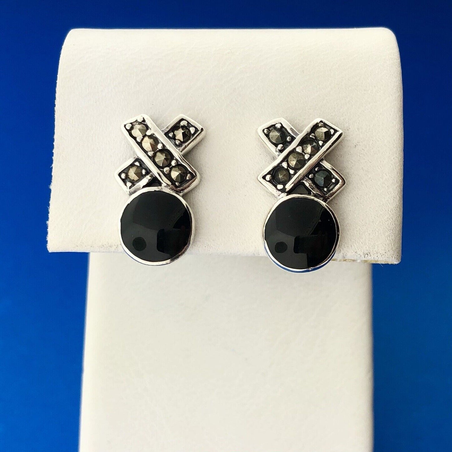 Estate Sterling Silver 925 Black Onyx Marcasite X O Earrings Pendant Set