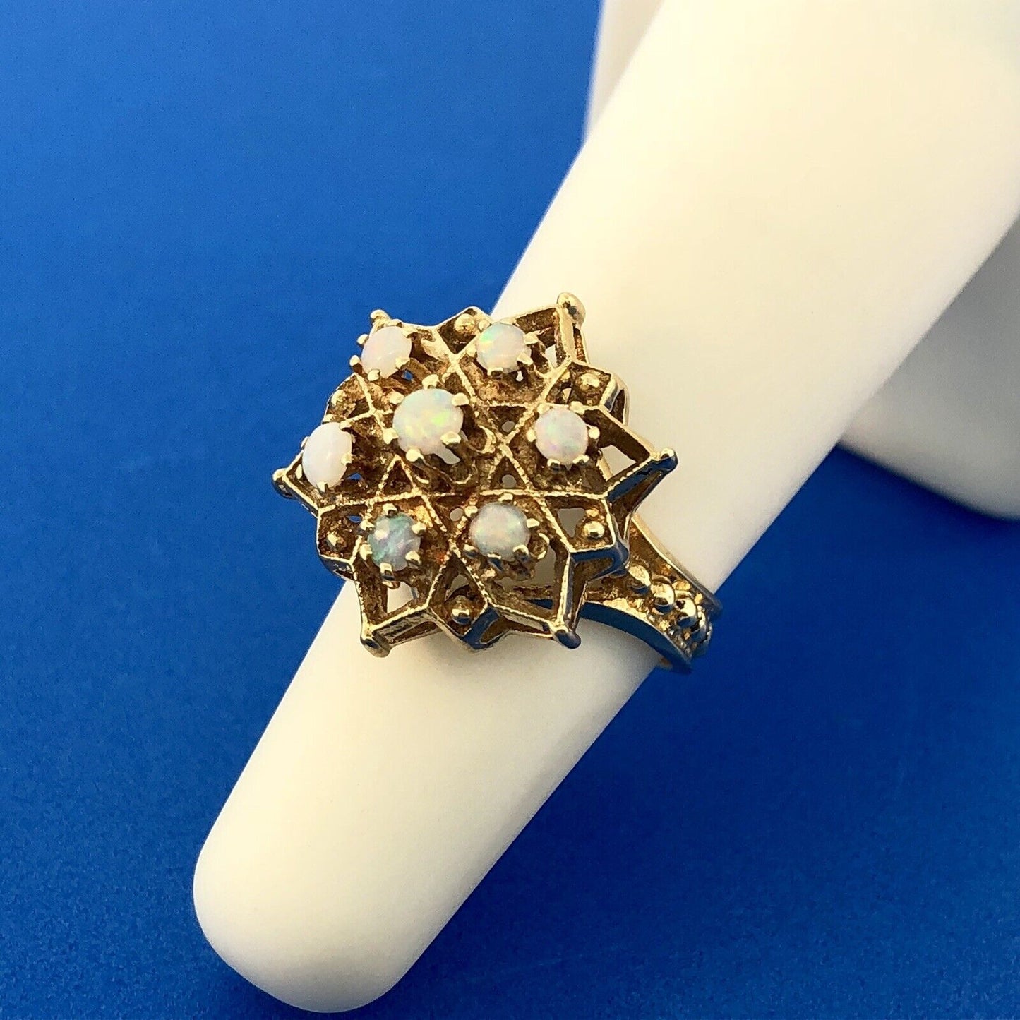 Art Nouveau 14K Yellow Gold Opal Star Flower Cluster October Etruscan Style Ring