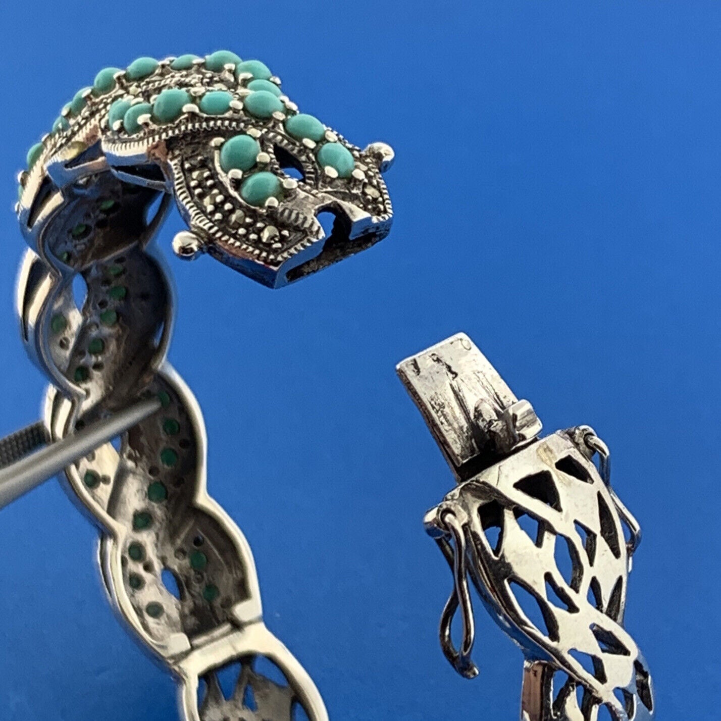 Sterling Silver 925 Turquoise Marcasite Dual Spiral 7" Hinged Cuff Bracelet