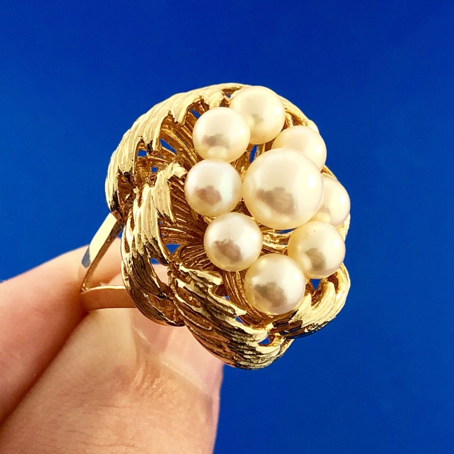Vintage 14K Yellow Gold 9 Pearl Bird Nest Cluster Statement Cocktail Ring