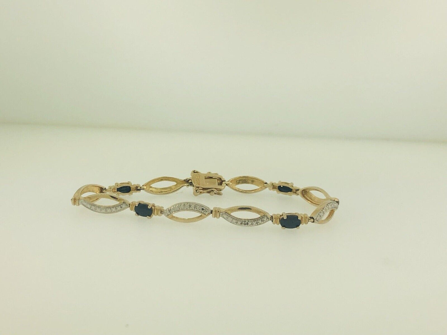 Estate Sterling Silver 925 Vermeil Oval Sapphire Station Tennis Bracelet