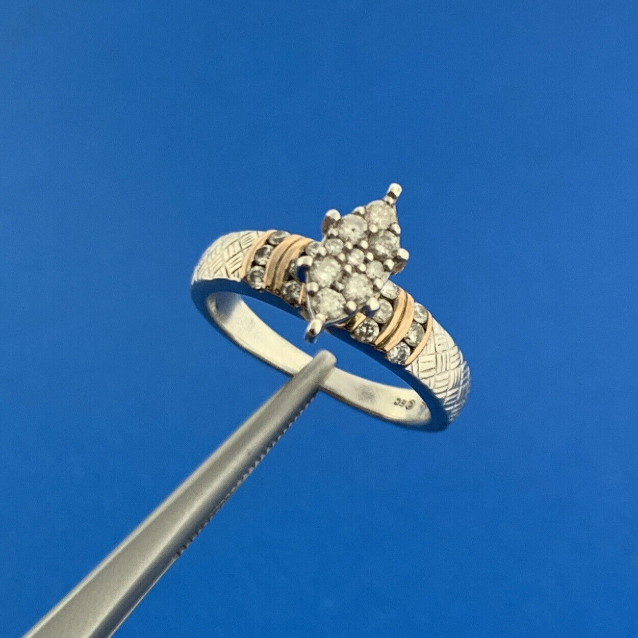 Designer 925 Sterling Silver 10K Gold Diamond Engagement Promise Ring Size 4.25