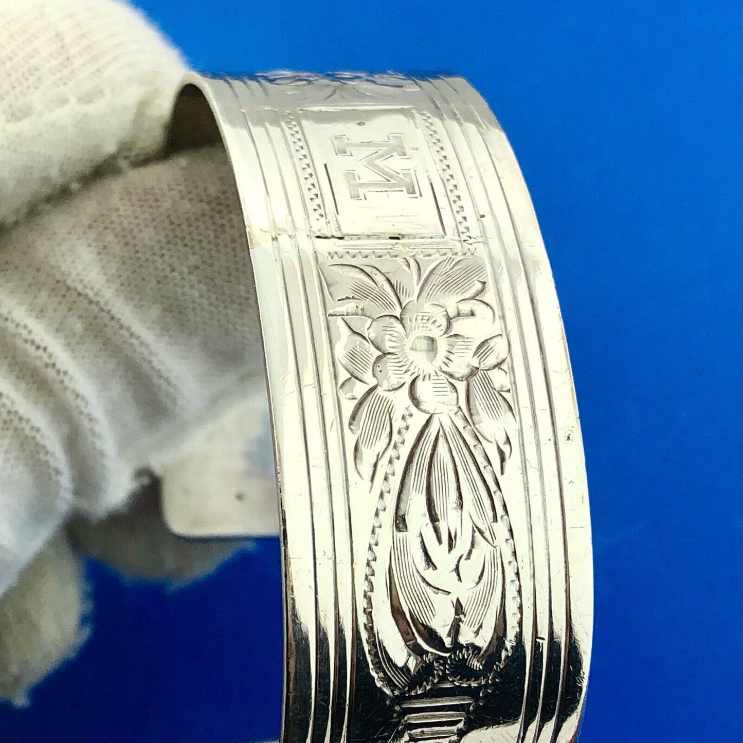 Victorian Edwardian 925 Sterling Silver Etched Floral Monogram M Cuff Bracelet