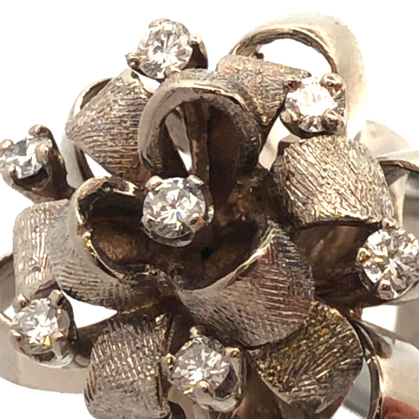 Vintage 14K White Gold Diamond Floral Polished Florentine Ribbon Statement Ring