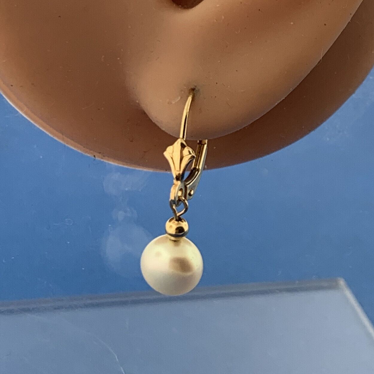 14K Yellow Gold Pearl Wedding June Anniversary Leverback Dangle Earrings