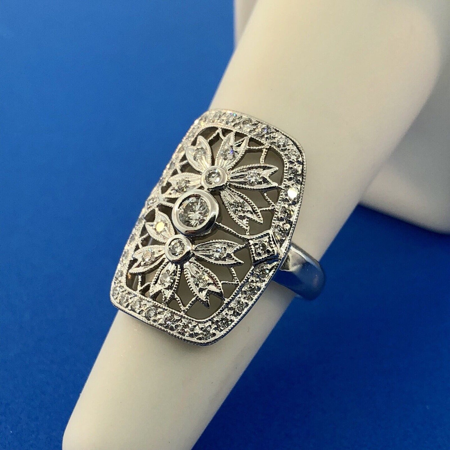 Vintage 18K White Gold Diamond Floral Filigree Statement Finger Ring