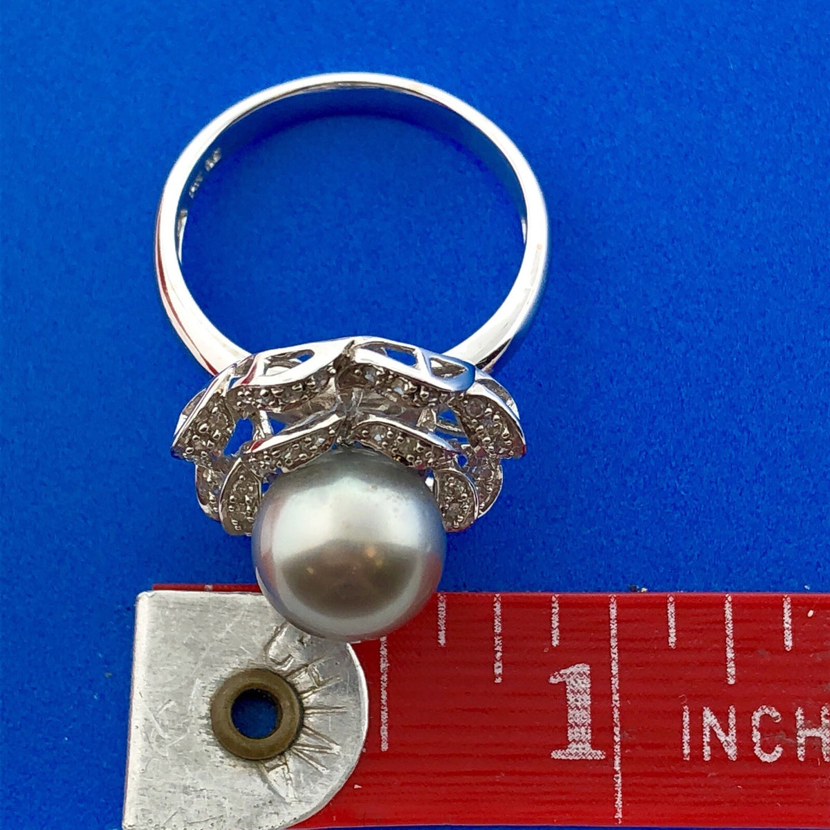 Designer 14K White Gold Tahitian Pearl Diamond Statement Cocktail Ring