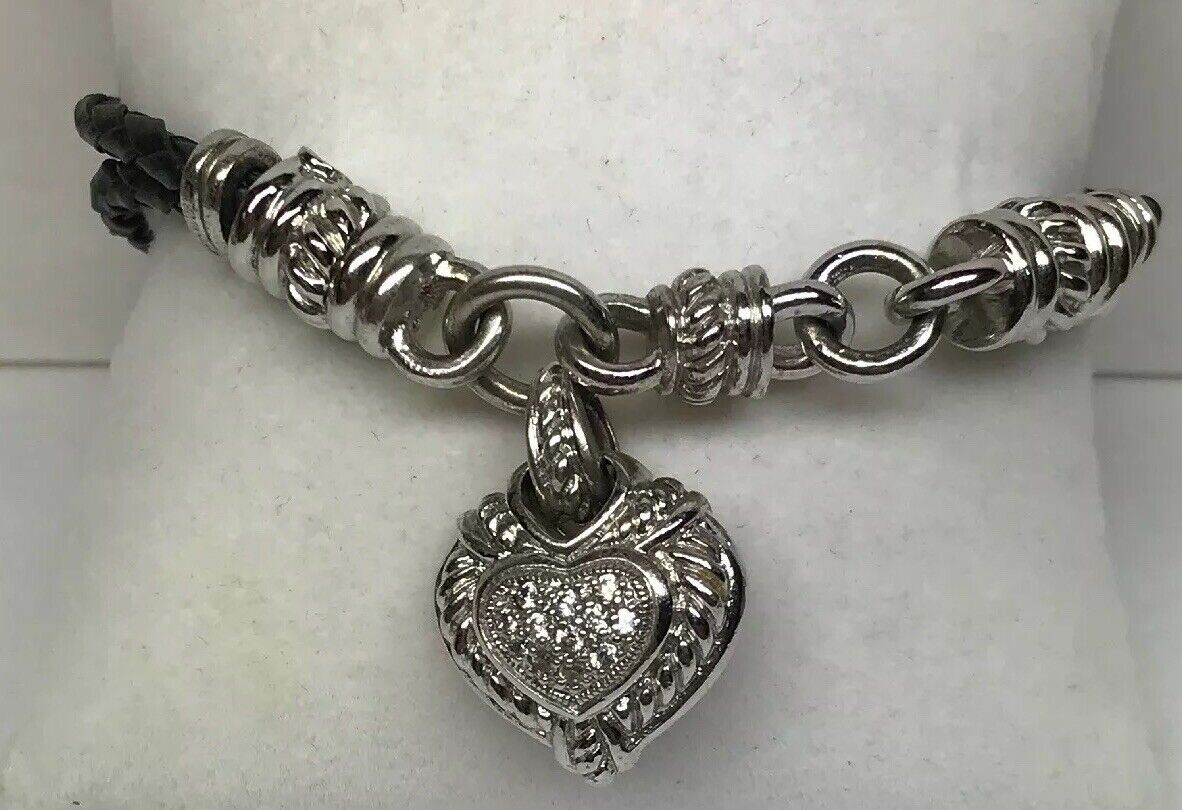 Judith Ripka Sterling Silver 925 Diamonique CZ Heart Charm Leather Bracelet