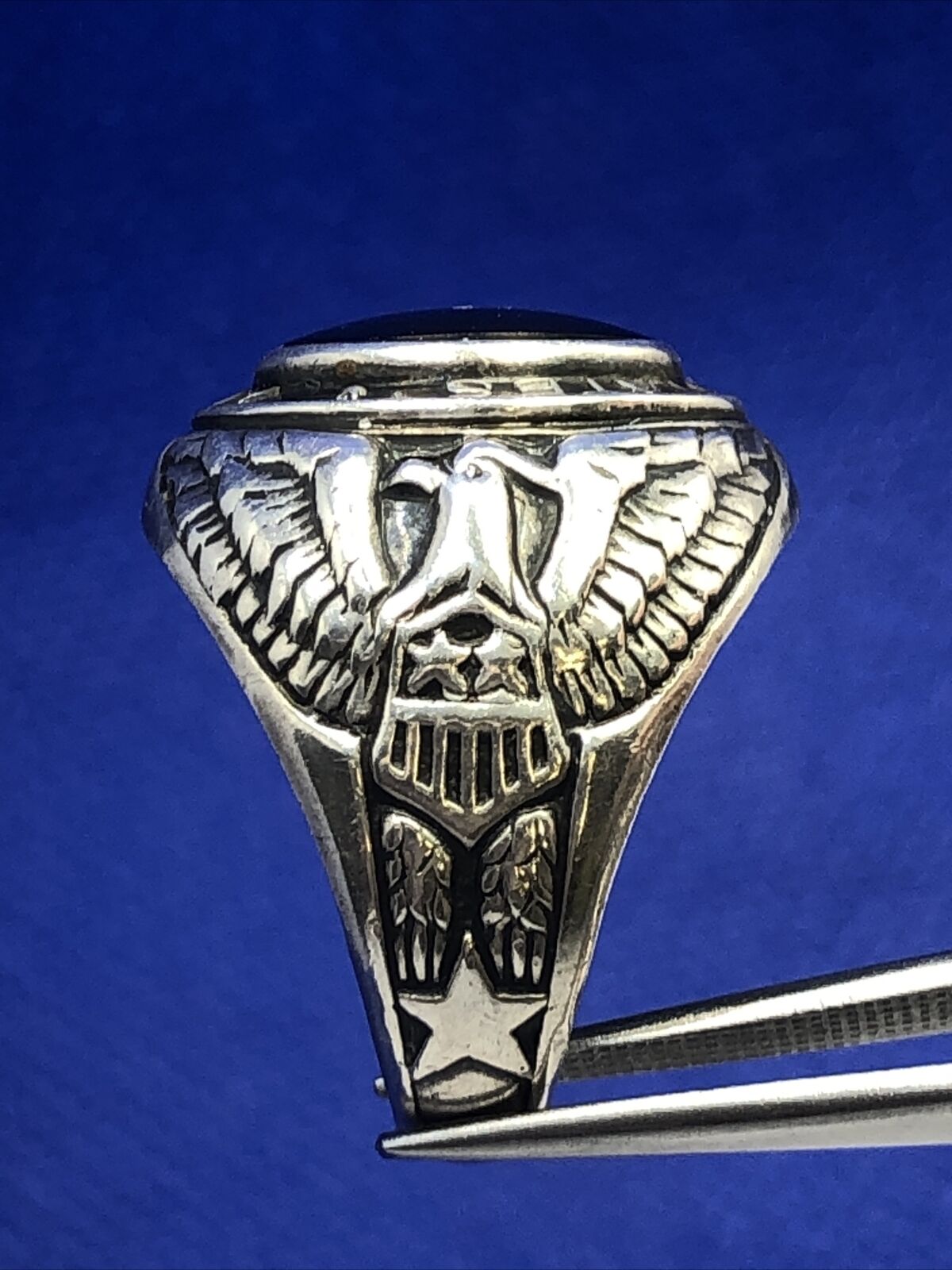 Designer Sterling Silver Oval Blue Glass United States Navy Insignia Dome Ring