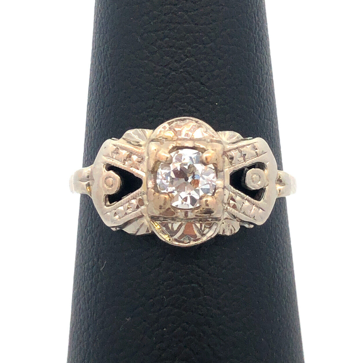 Art Deco 14K White Gold Diamond European Mine Cut Engagement Bridal Ring
