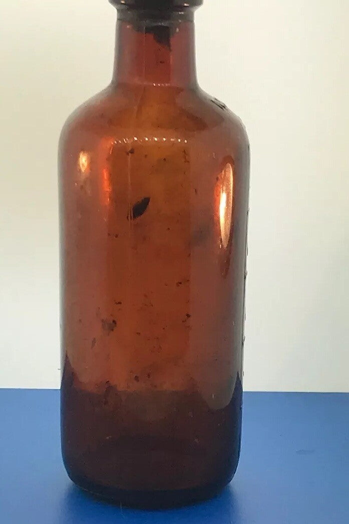 1933 Owens Illinois Glass 250 Mils Apothecary Bottle Amber Brown Alton IL w/Cork