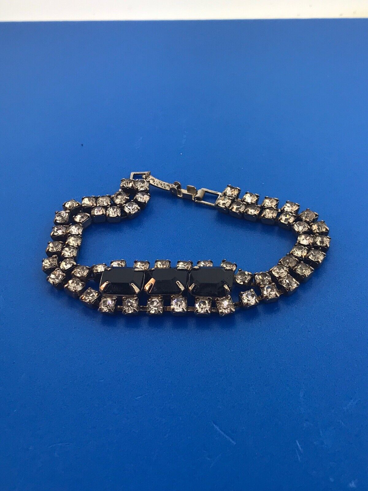 Vintage Silver Tone Rectangle Black Round White Rhinestone Runway Bracelet