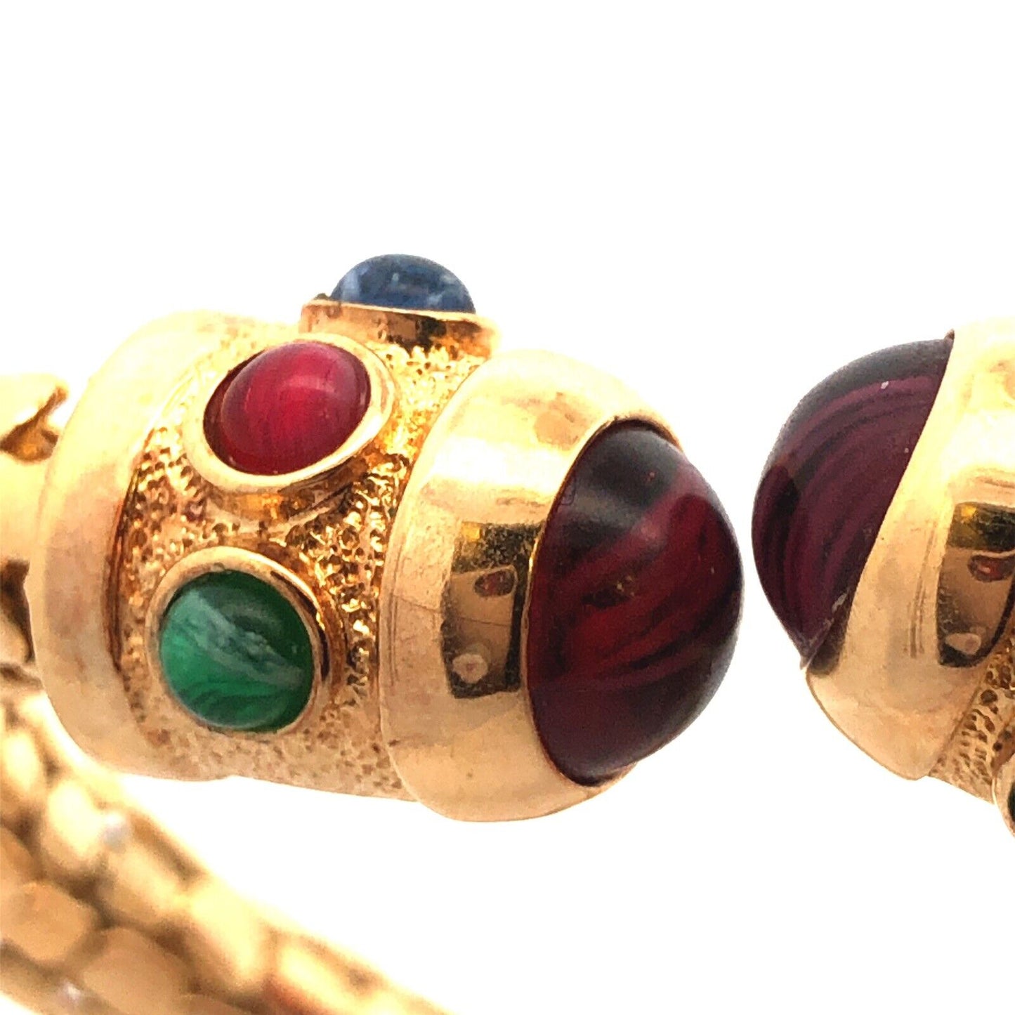 Vintage Runway Gold Tone Red Blue Green Glass Snake Skin Open Cuff Bracelet