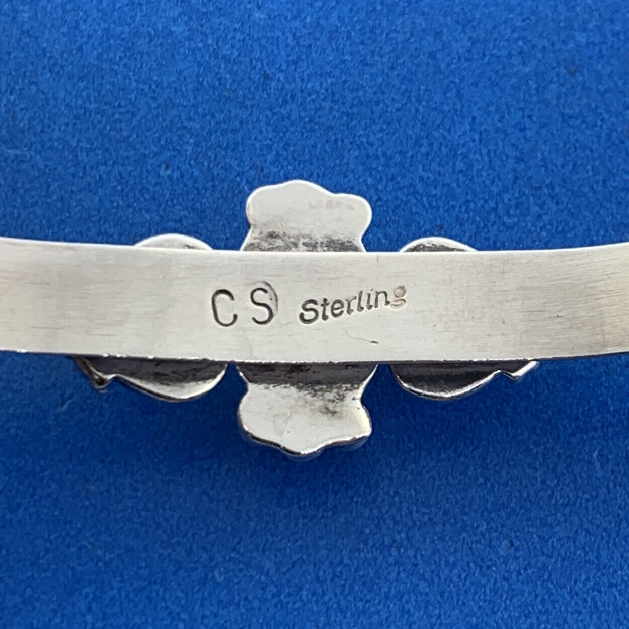 Native American CS Sterling Silver 925 Oval Synthetic Opal Heart Cuff Bracelet