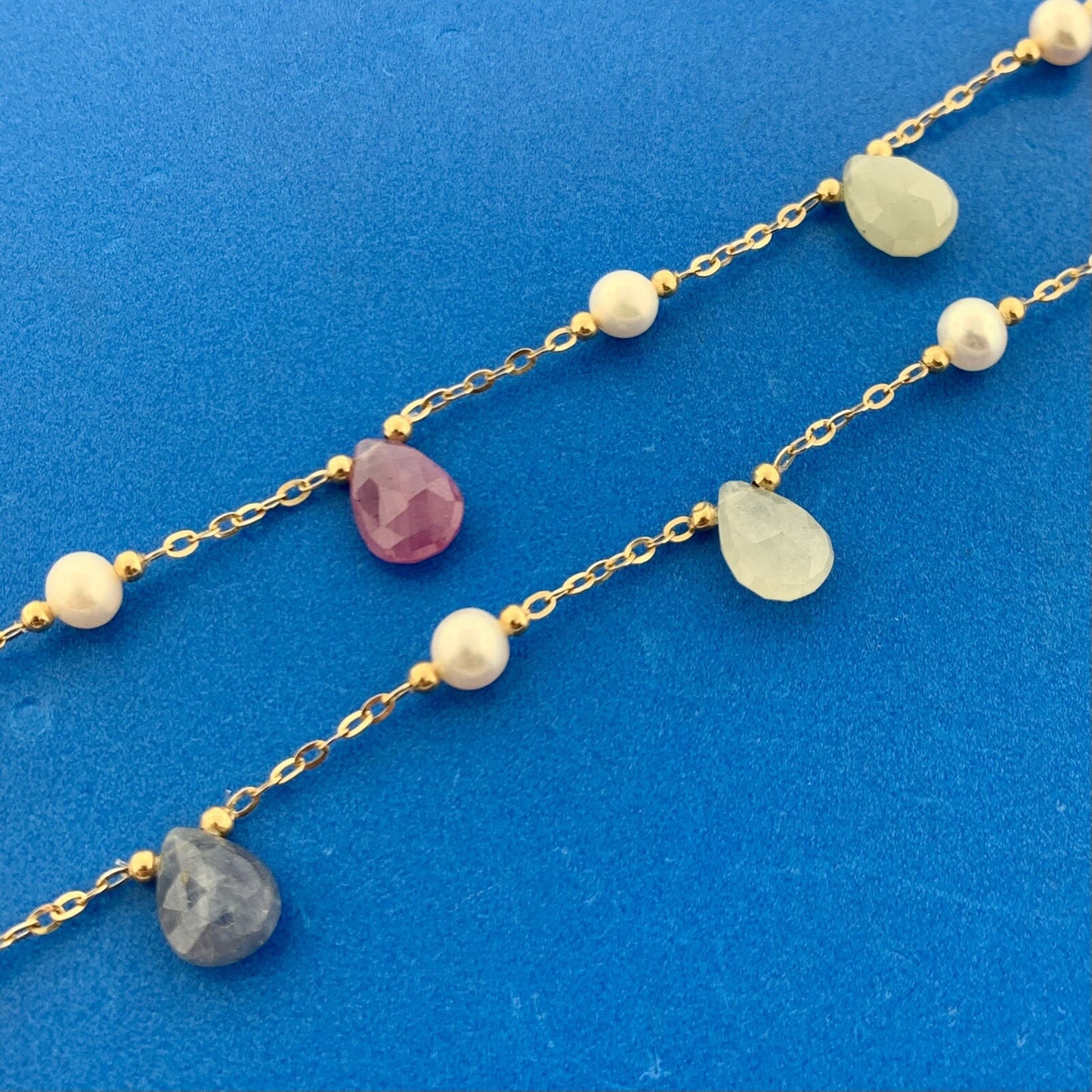 Designer 18K Yellow Gold Spinel Ruby Sapphire Pearl Station Long Chain Necklace