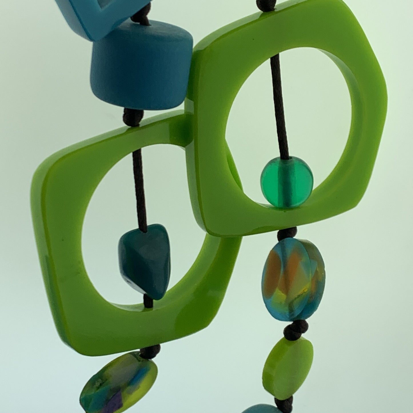 Mid Century Modern Turquoise Chartreuse Bakelite Lucite Bead Corded Necklace