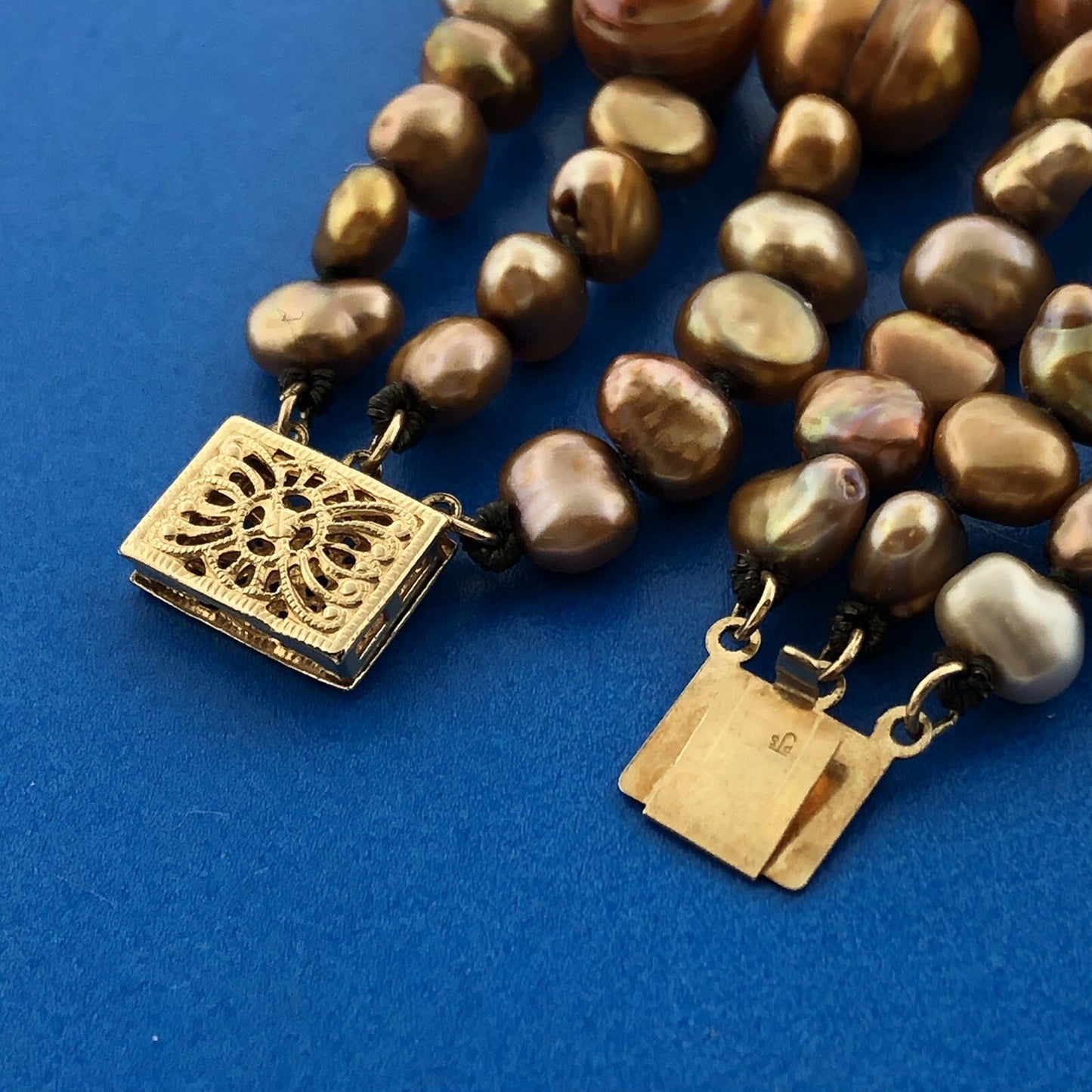 PJS 14K Yellow Gold Bronze Copper Pearl 3 Tier Drop Statement Necklace