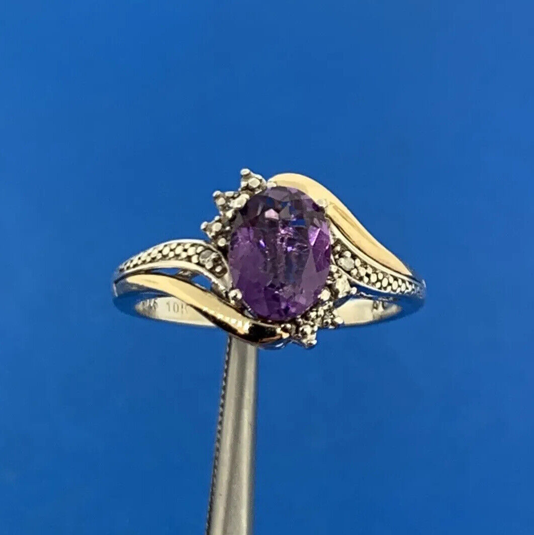 Designer 925 Sterling Silver 10K Gold Two Tone Amethyst Diamond Ring