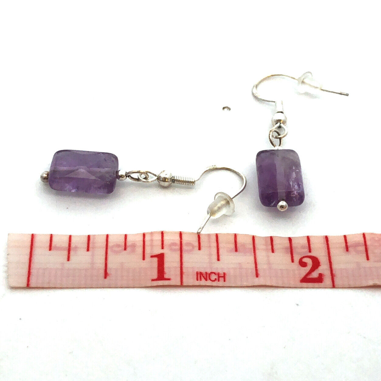 925 Sterling Silver Rectangle Faceted Amethyst Dangle Hook Earrings