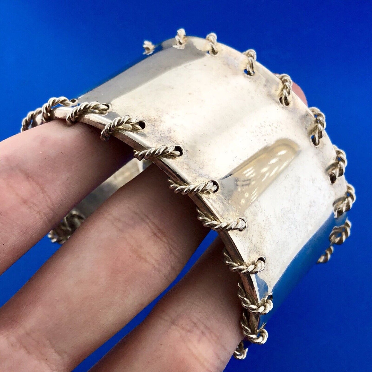 Modernist Silver Tone Twisted Wire Wrapped Polished Statement Cuff Bracelet