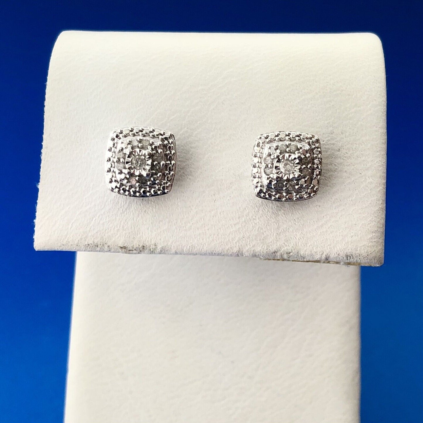 Estate 925 Sterling Silver Diamond Cluster Tiered Square Stud Earrings