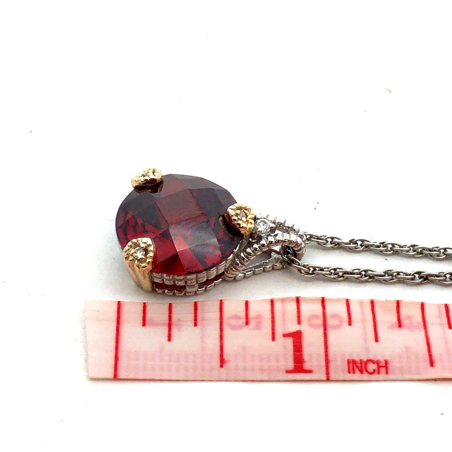 925 Sterling Silver Two Tone Cushion Cut Red Cubic Zirconia CZ Necklace