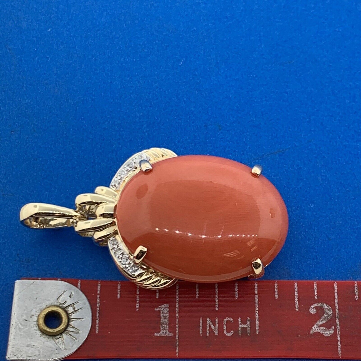 Designer 14K Yellow Gold Oval Coral Cabochon Diamond Accented Enhancer Pendant