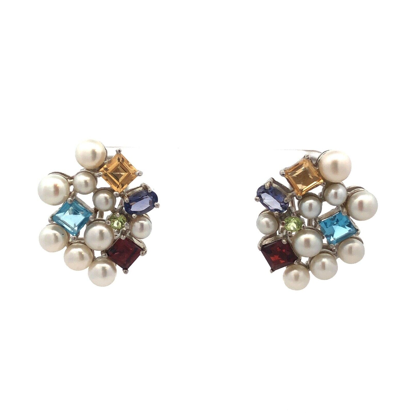 Ross Simons 925 Sterling Silver Pearl Multi Gemstone Cluster Stud Earrings