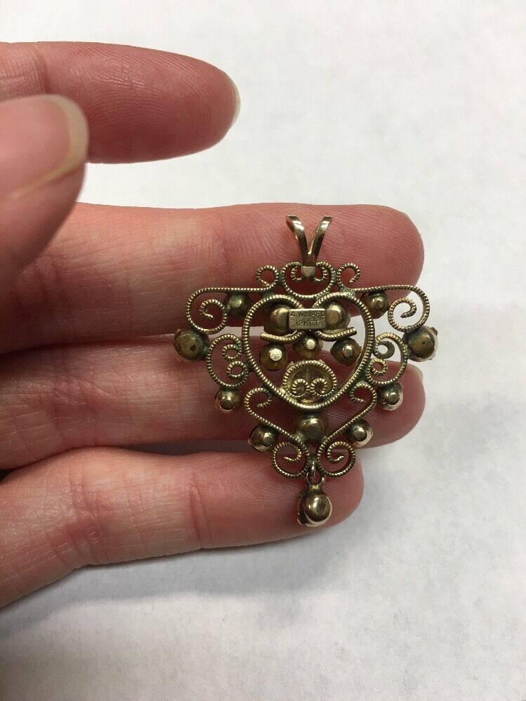 Vintage Designer Winard 12K Yellow Gold Filled Garnet Diamond Filigree Pendant