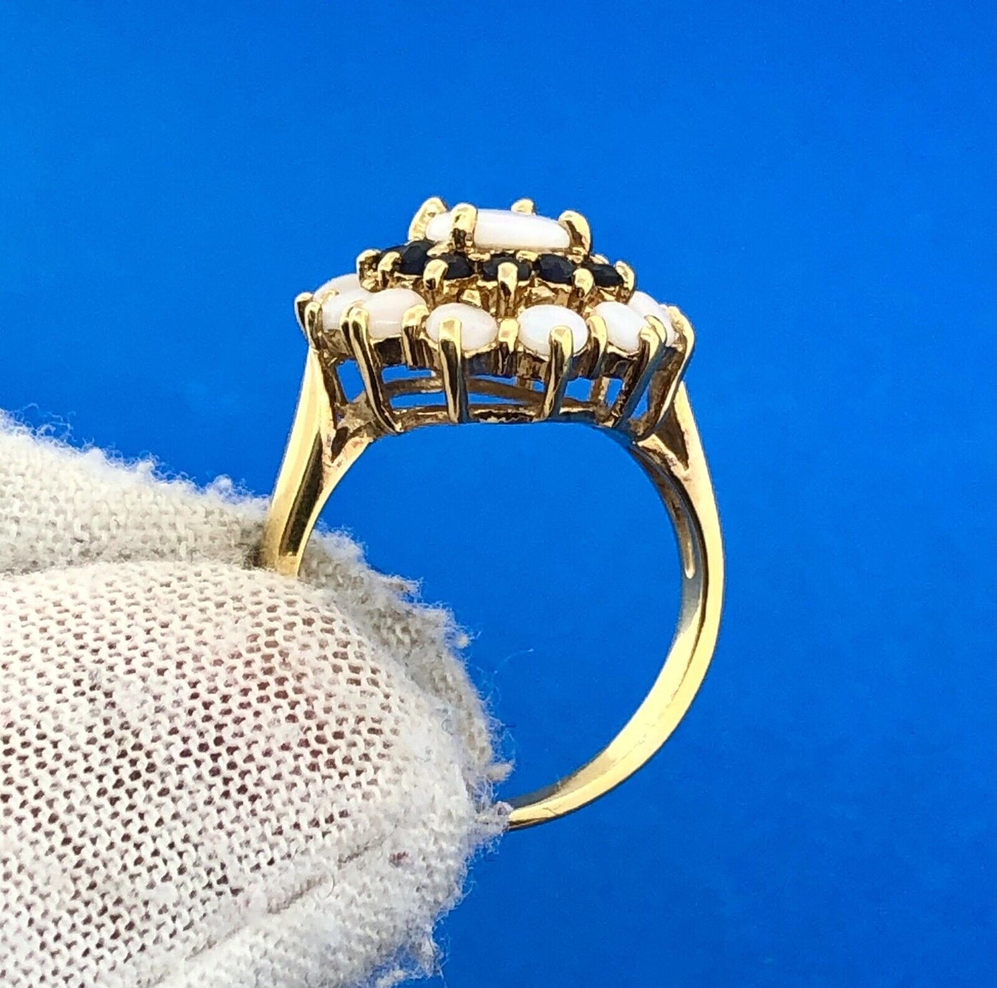 Designer 925 Sterling Silver Vermeil Opal Sapphire Halo Gold Toned Cocktail Ring