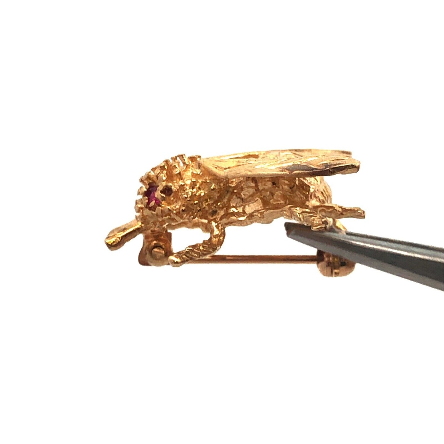 14K Yellow Gold Ruby Eyes Bee Pendant Flying Bug Vintage Lapel Scarf Pin
