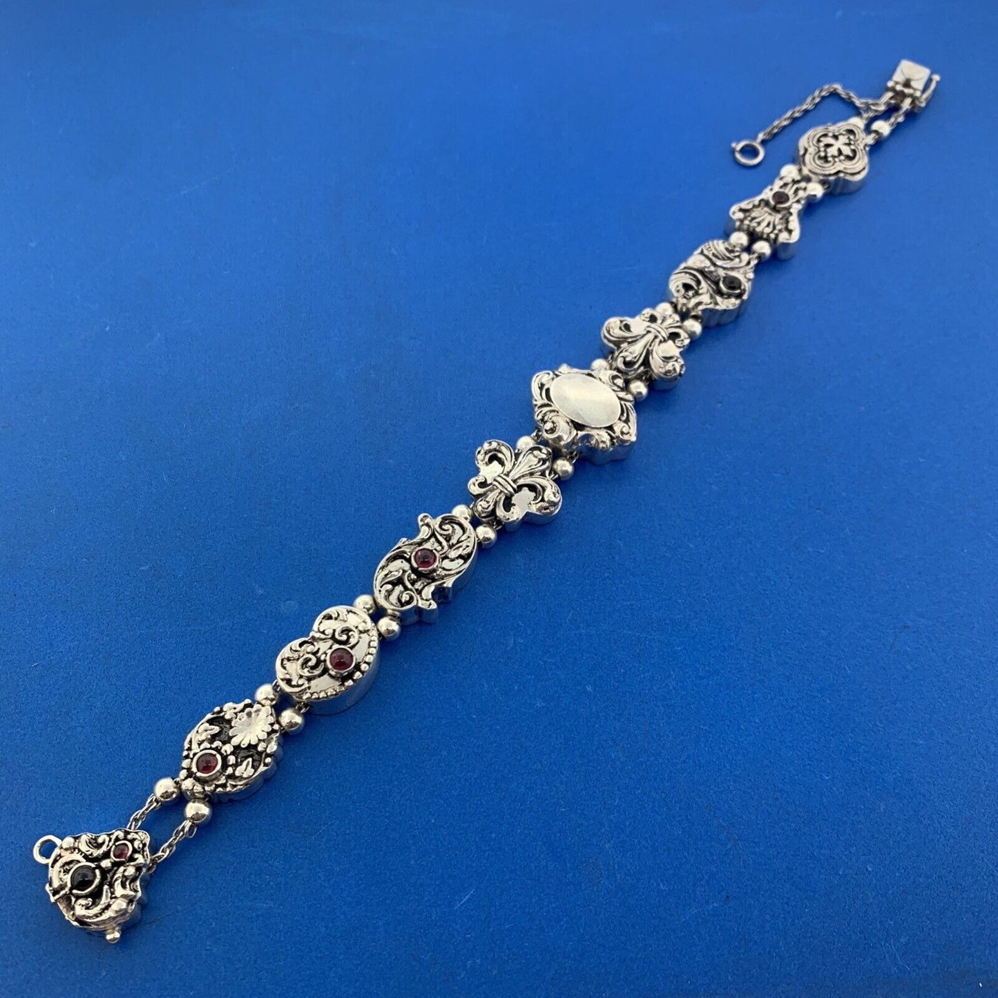 Shavarsh K 925 Sterling Silver Amethyst Floral Scroll Ten Charm Bracelet