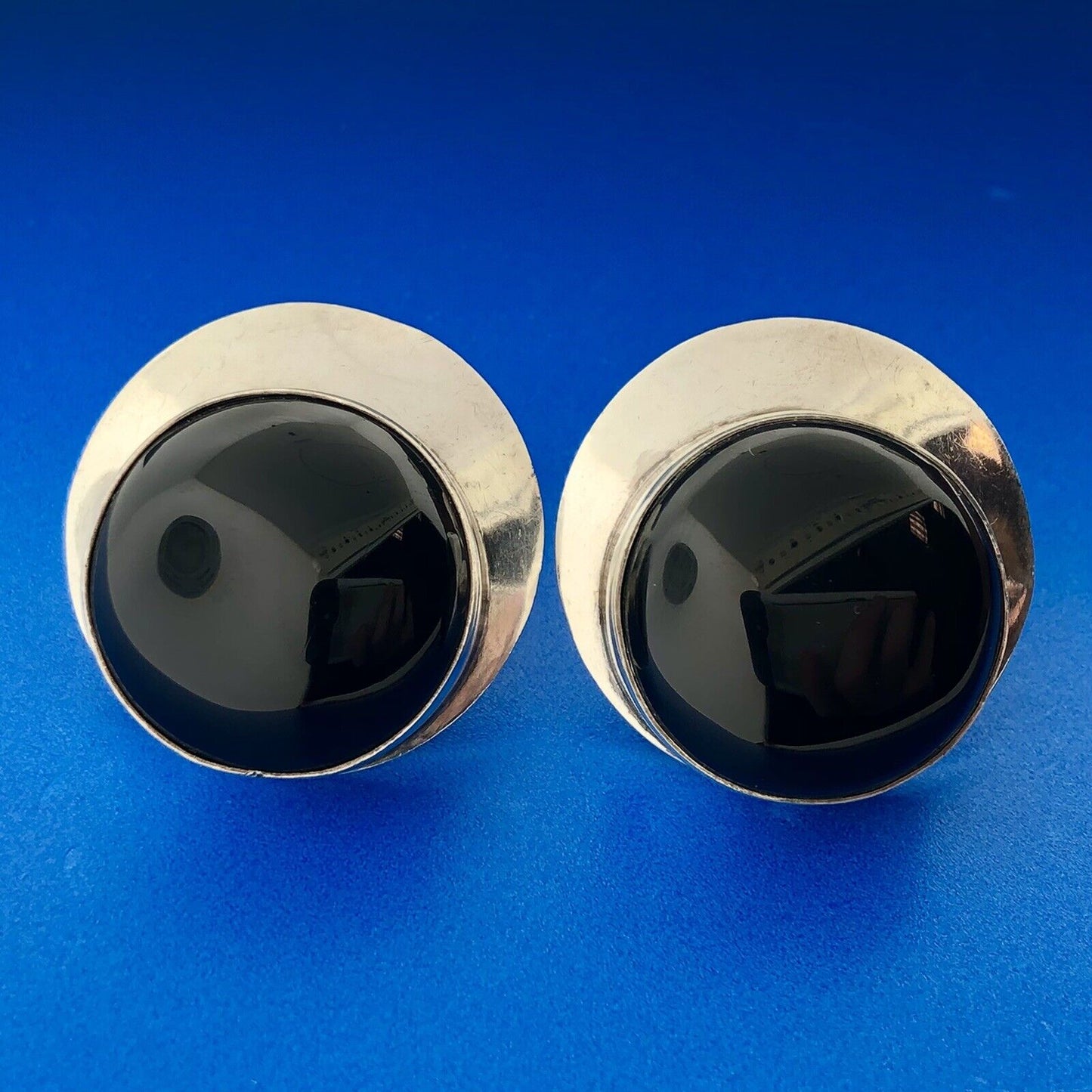 Vintage Sterling Silver 925 TD-34 Taxco Mexico Cabochon Onyx Clip-On Earrings