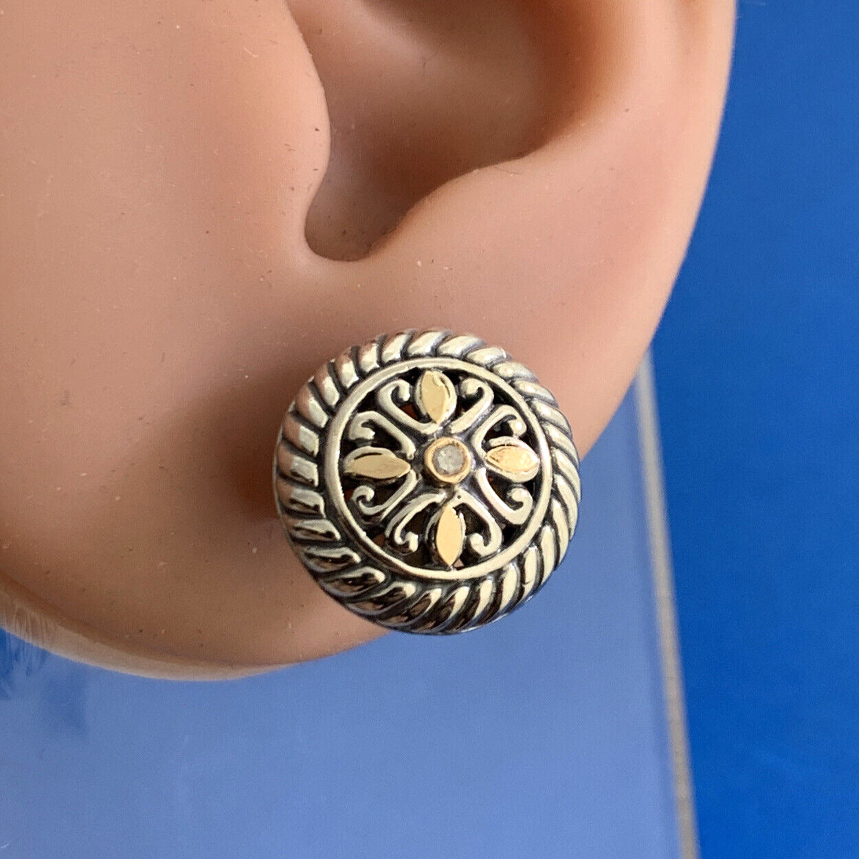 Designer STS 925 Sterling Silver 18K Diamond Dome Button Earrings NWT