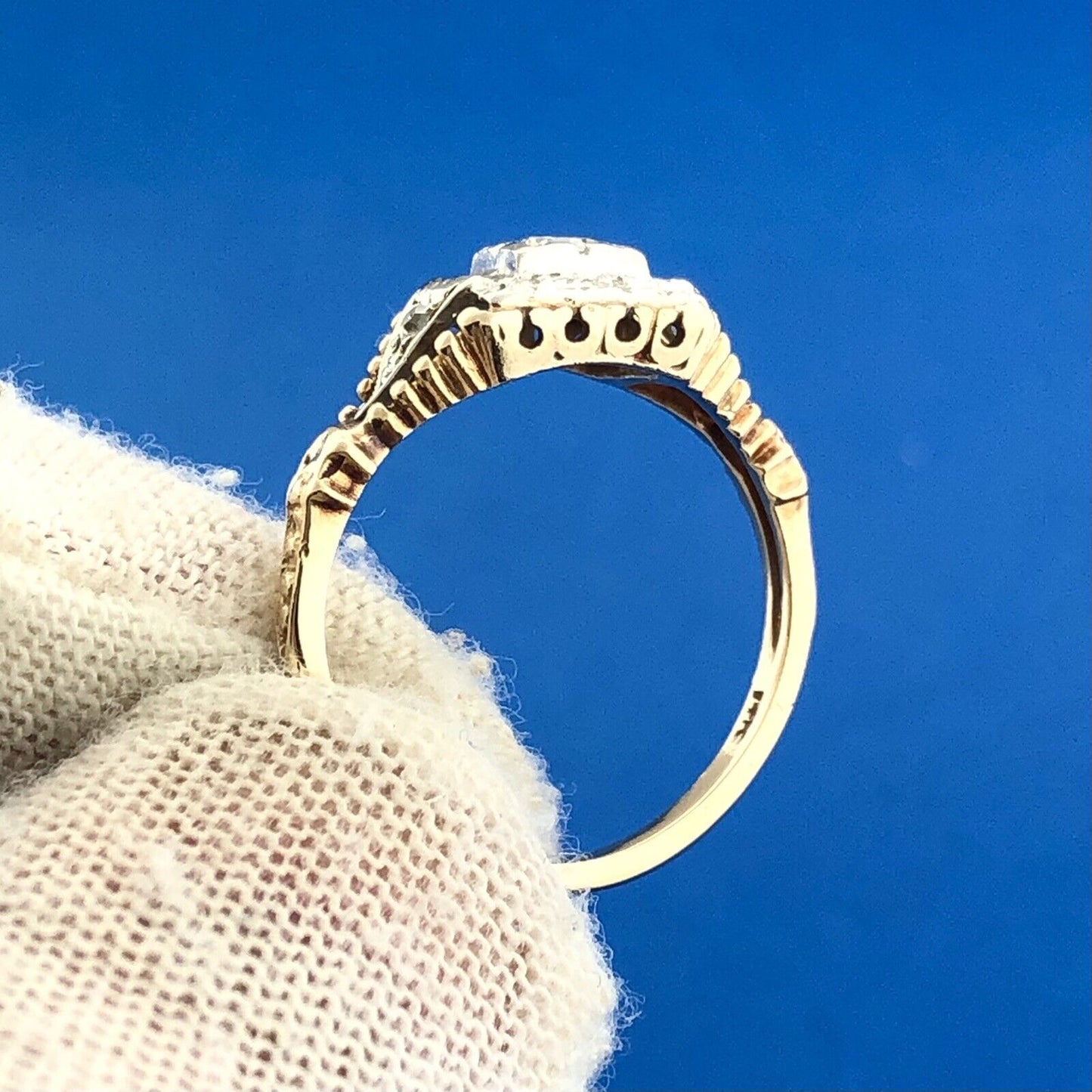 Art Deco 14K White Yellow Gold Diamond Accented Etruscan Style Engagement Ring