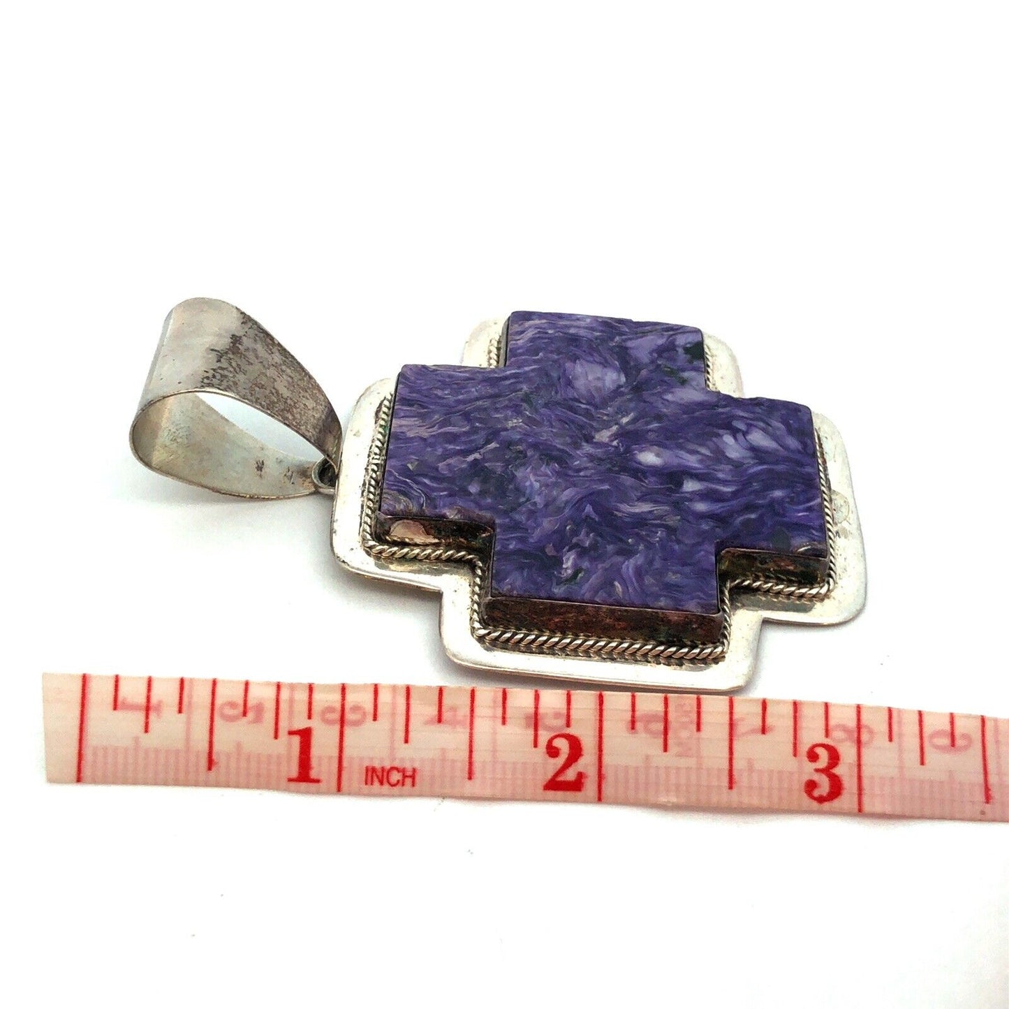 Native American Signed 925 Sterling Silver Charoite Statement Cross Pendant
