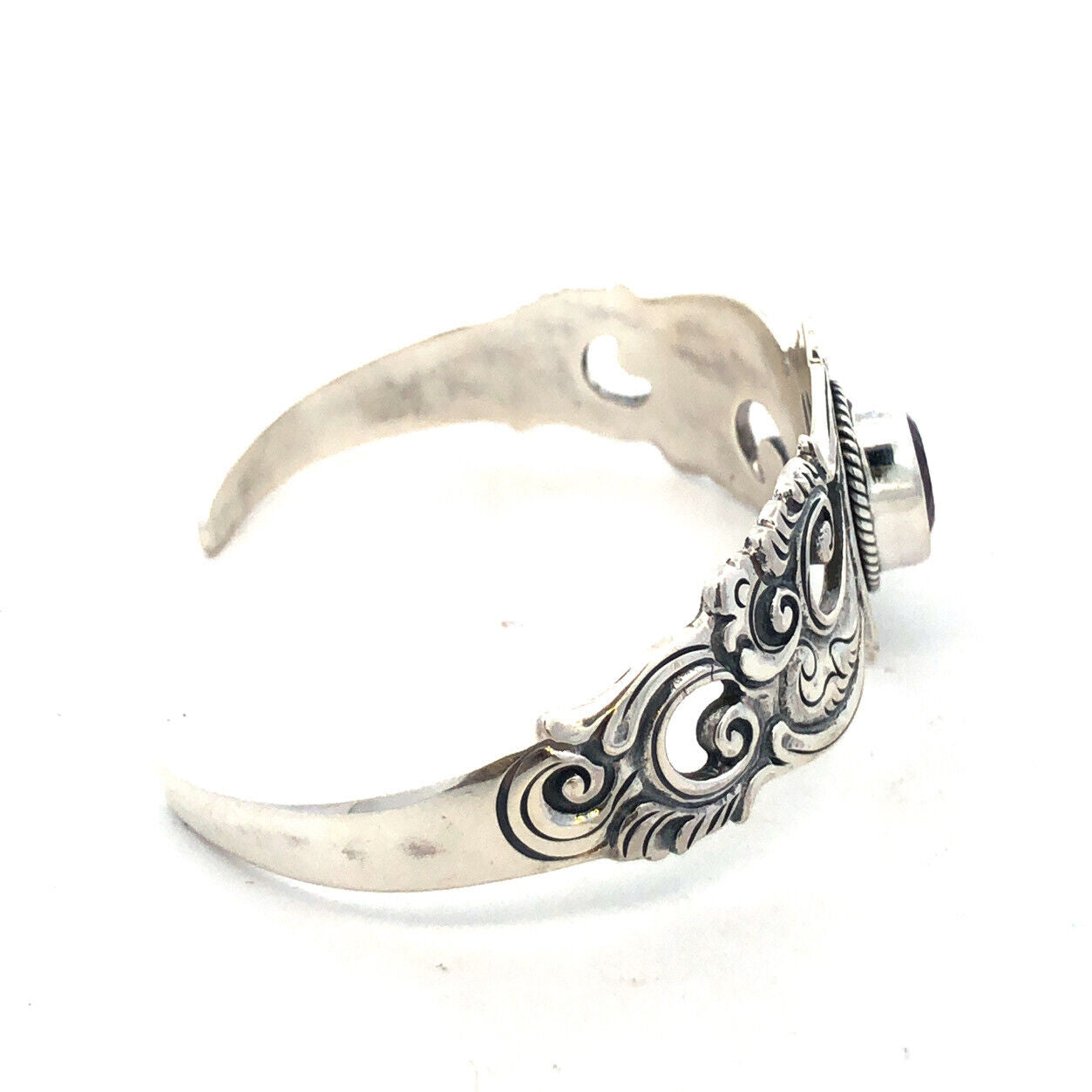 Vintage 925 Sterling Silver Oval Amethyst Floral Scroll Open Cuff Bracelet