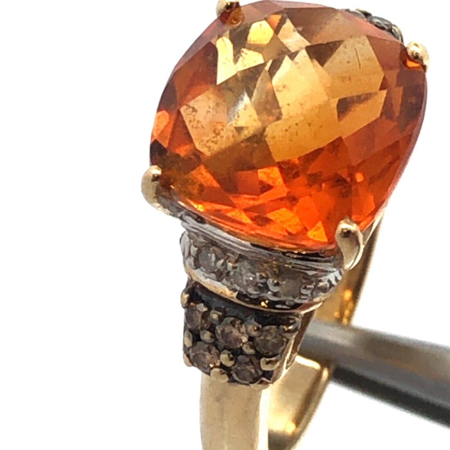 14K Yellow Gold Faceted Cushion Citrine Chocolate White Diamond Cocktail Ring