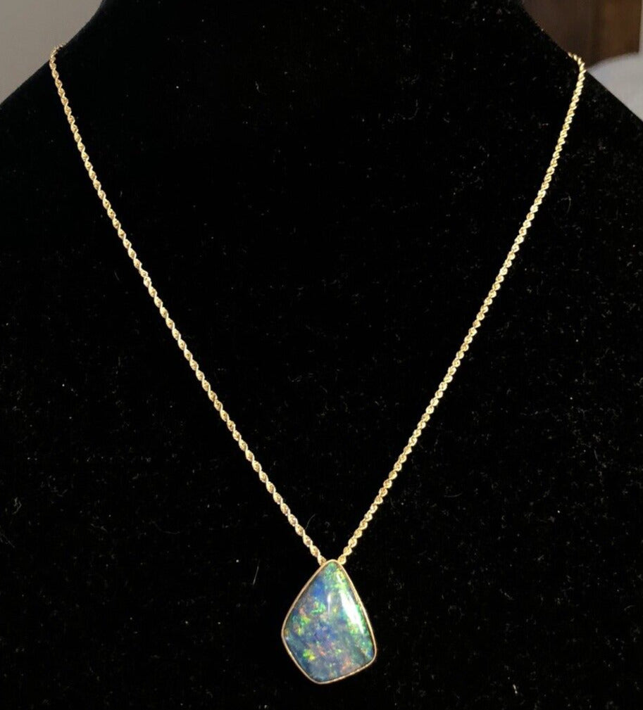 Designer IAJ 14K Yellow Gold Black Blue Opal Cabochon Bezel Pendant Necklace