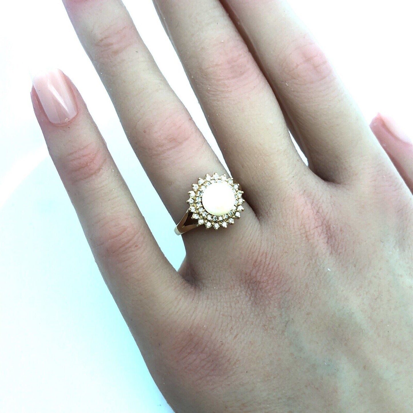 Vintage 14K Yellow Gold Pearl Solitaire Diamond Double Halo Cocktail Ring