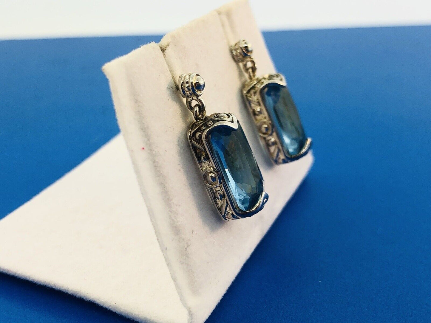 Sterling Silver Rectangle Blue Topaz Bead Scroll Work Statement Drop Earrings