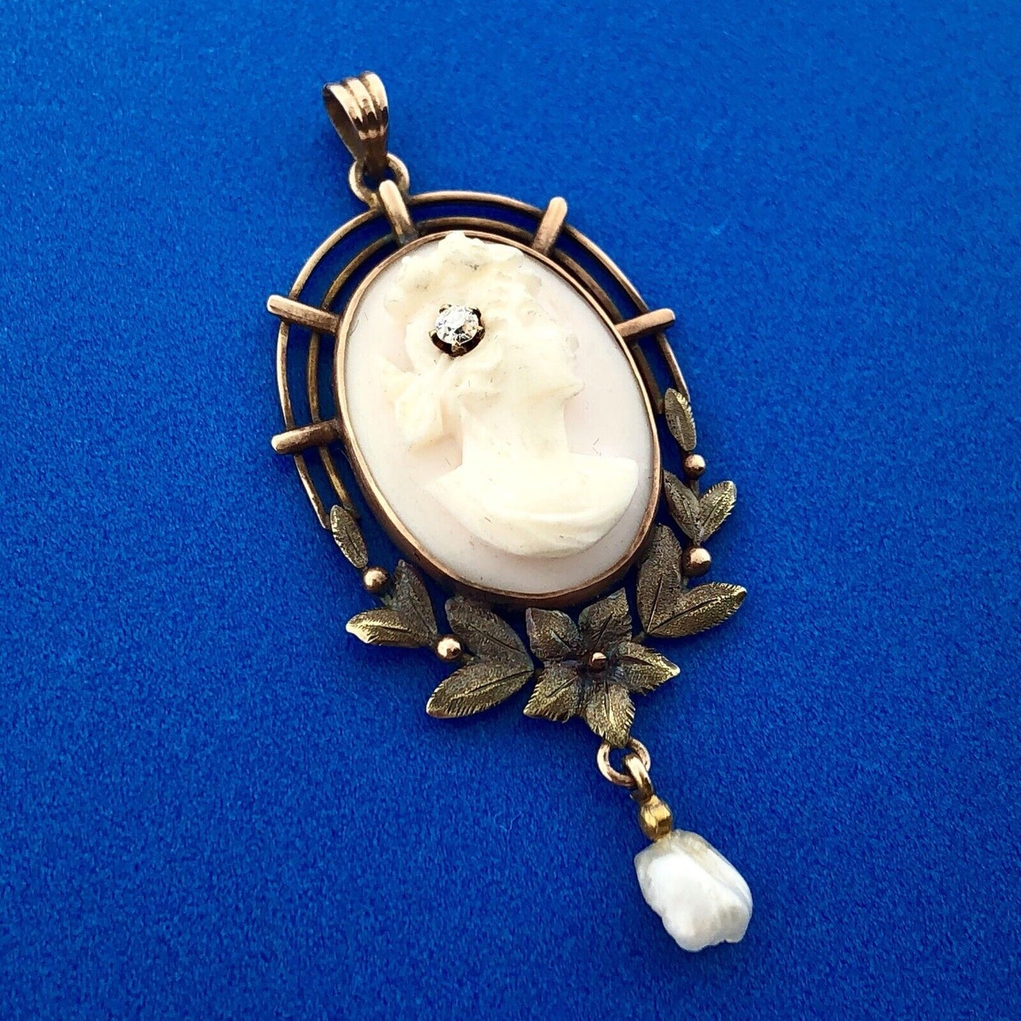 Victorian 10K Rose/Yellow Gold Pink Cameo Pearl Diamond Lavaliere Brooch Pendant